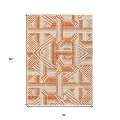 Tabselect Home Line 5' X 8' Orange And Ivory Abstract Washable Indoor Outdoor Area Rug