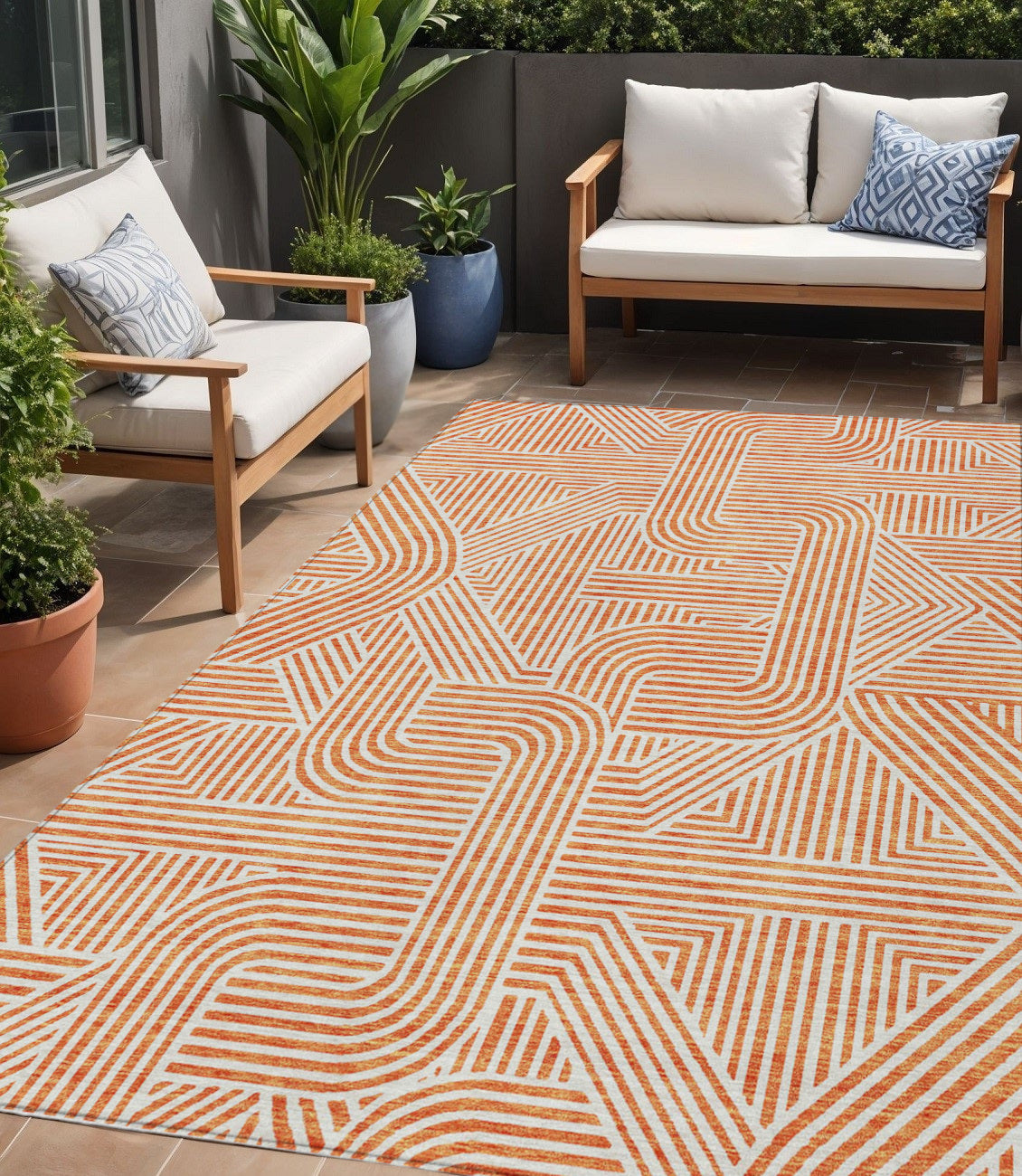 Tabselect Home Line 5' X 8' Orange And Ivory Abstract Washable Indoor Outdoor Area Rug