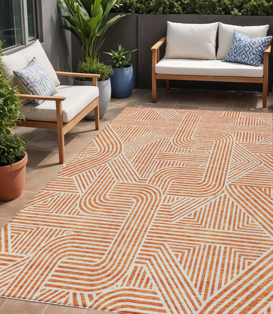 Tabselect Home Line 5' X 8' Orange And Ivory Abstract Washable Indoor Outdoor Area Rug