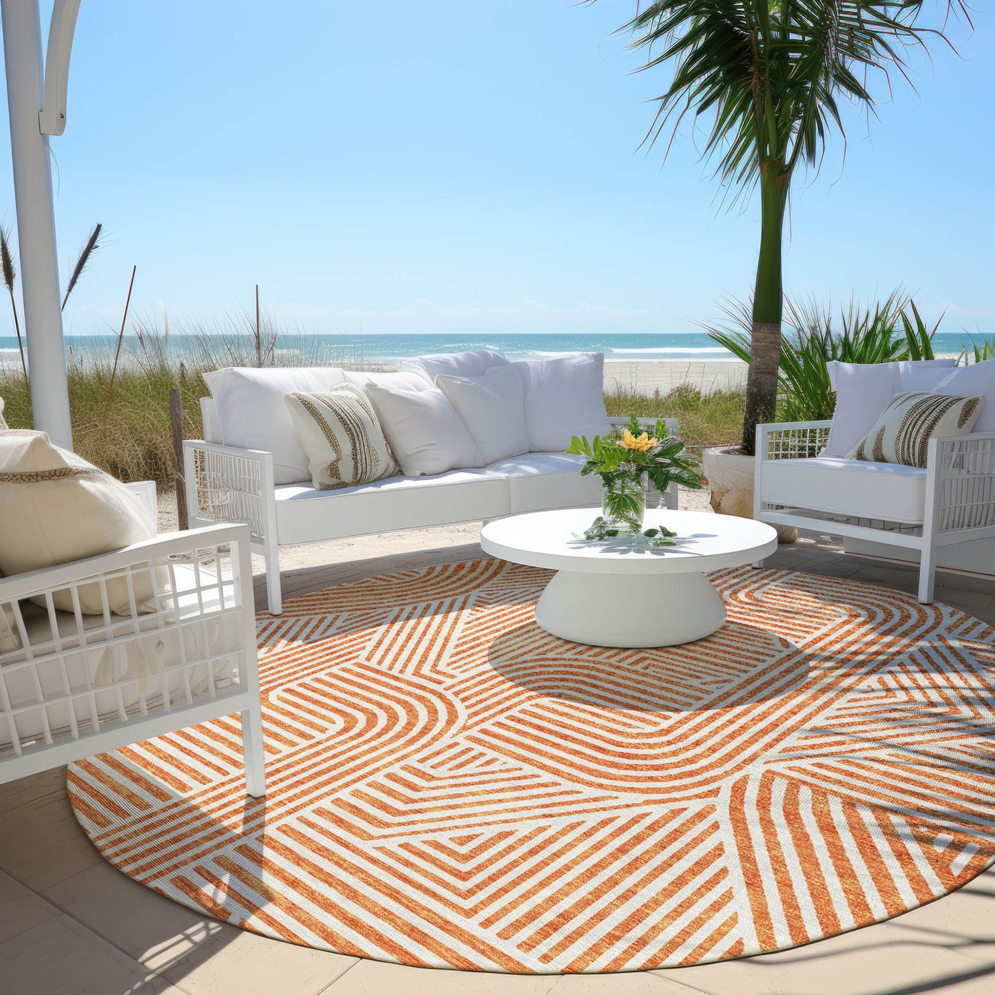 Tabselect Home Line 8' Orange And Ivory Round Abstract Washable Indoor Outdoor Area Rug