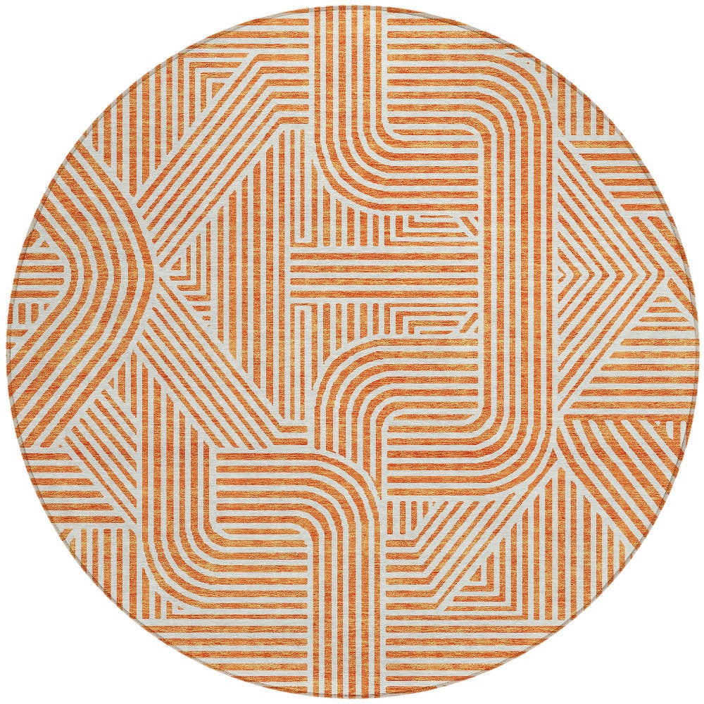 Tabselect Home Line 8' Orange And Ivory Round Abstract Washable Indoor Outdoor Area Rug