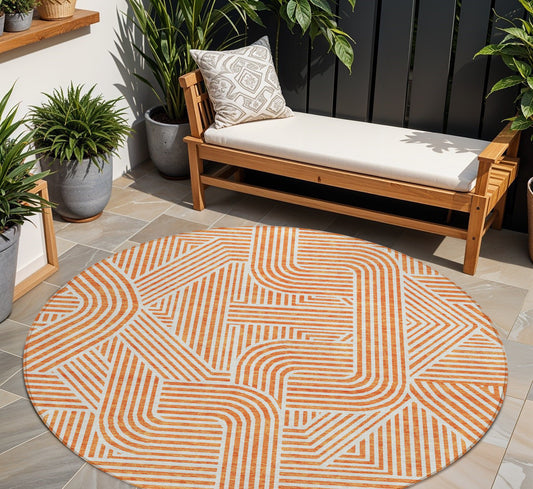 Tabselect Home Line 8' Orange And Ivory Round Abstract Washable Indoor Outdoor Area Rug