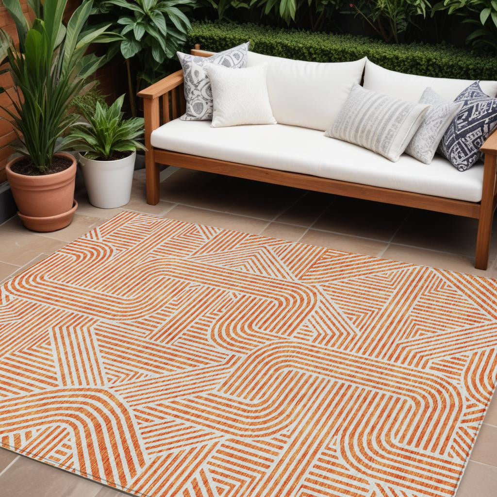 Tabselect Home Line 8' X 10' Orange And Ivory Abstract Washable Indoor Outdoor Area Rug