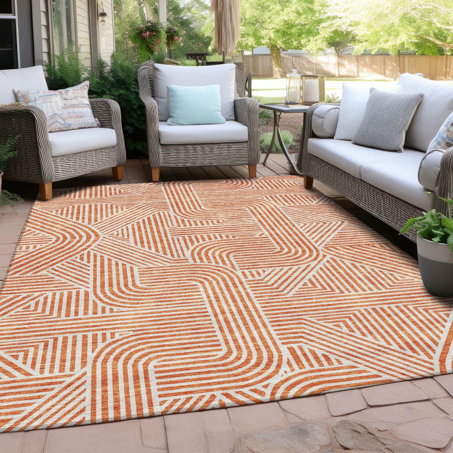 Tabselect Home Line 8' X 10' Orange And Ivory Abstract Washable Indoor Outdoor Area Rug