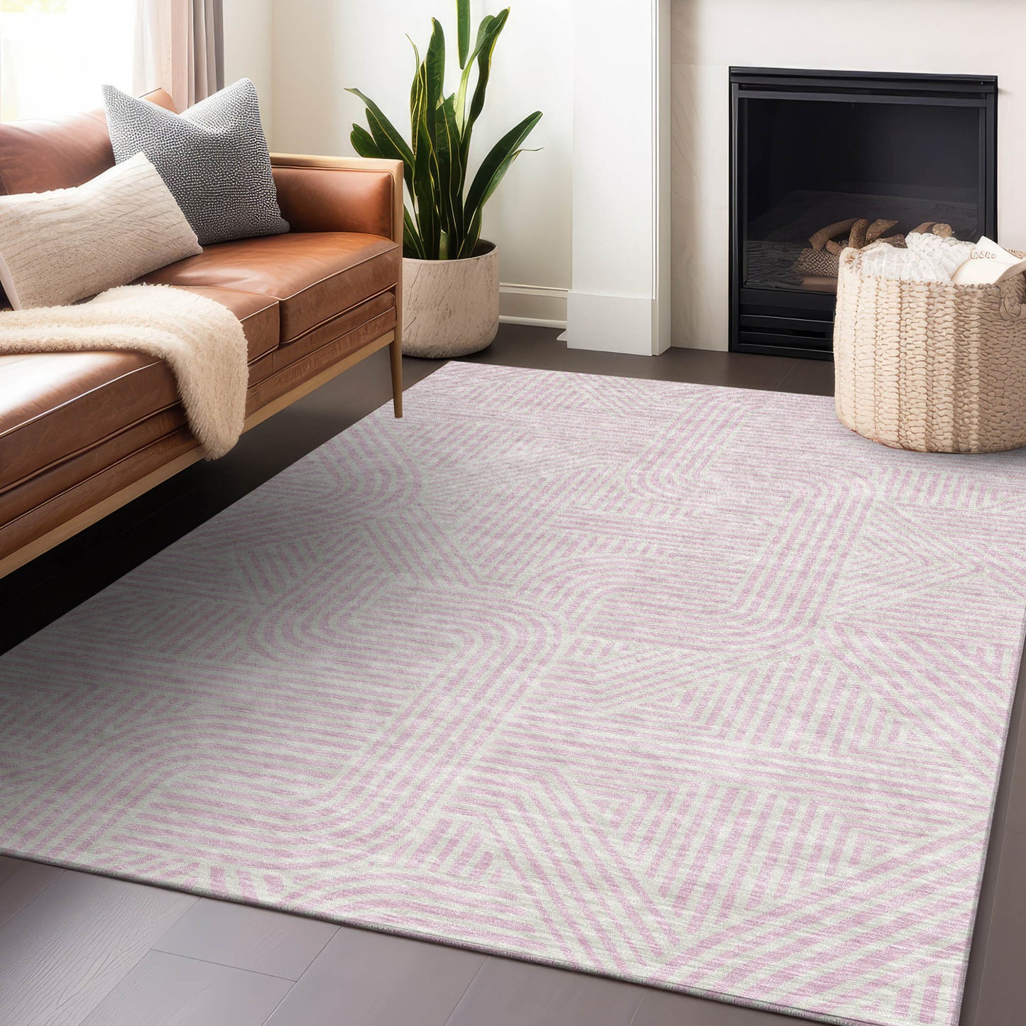 Tabselect Home Line 5' X 8' Pink And Ivory Abstract Washable Indoor Outdoor Area Rug