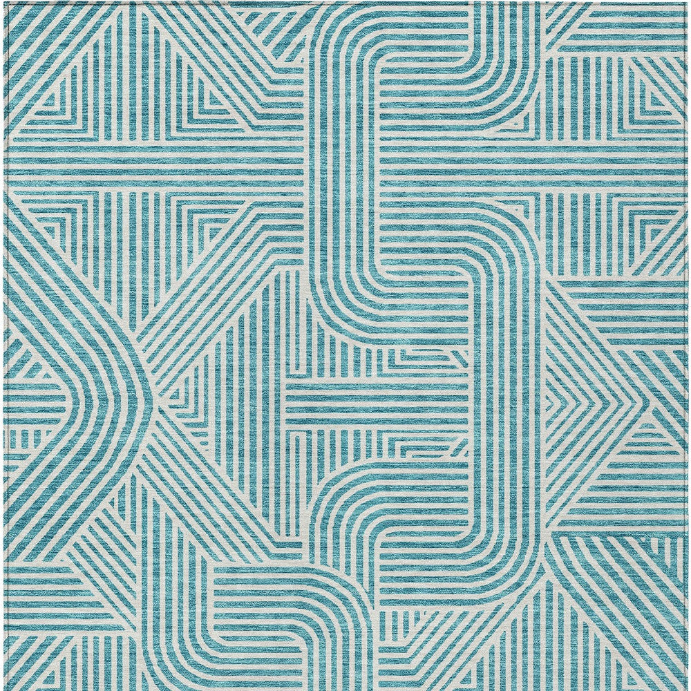 Tabselect Home Line 5' X 8' Teal Blue And Ivory Abstract Washable Indoor Outdoor Area Rug