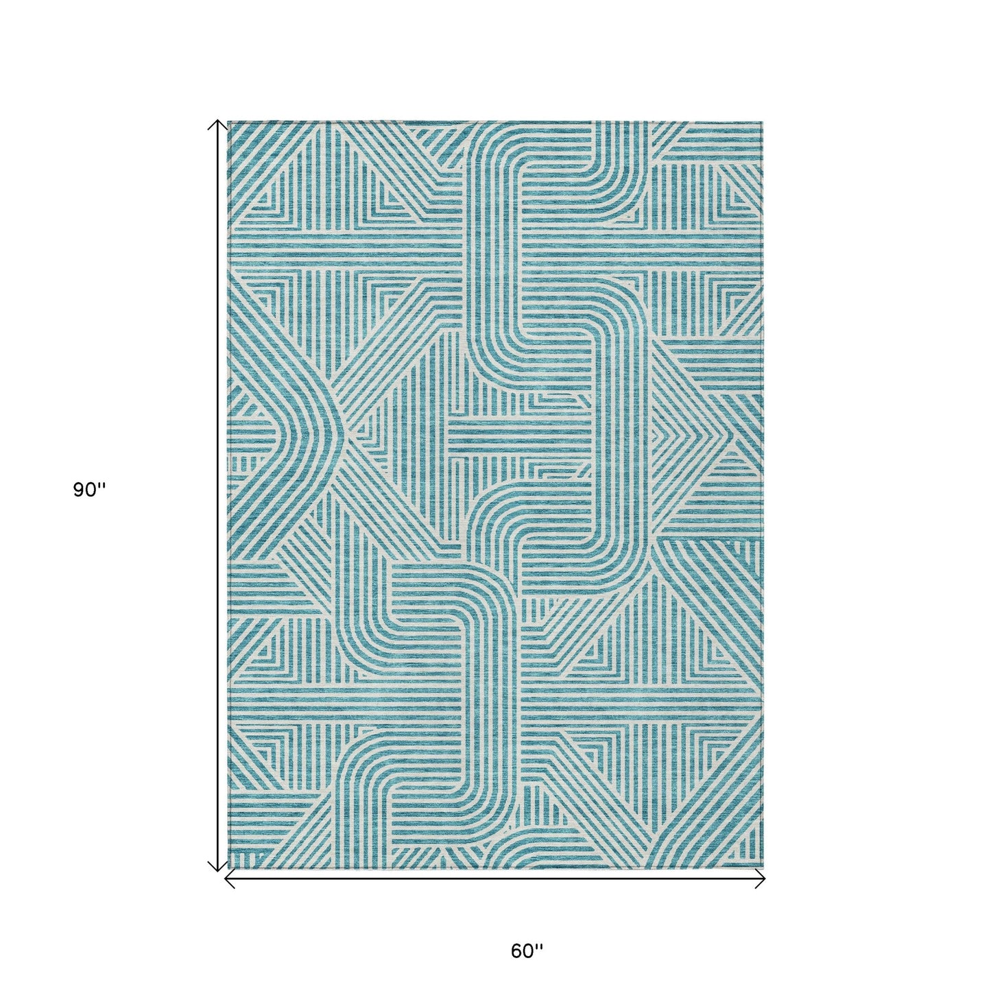 Tabselect Home Line 5' X 8' Teal Blue And Ivory Abstract Washable Indoor Outdoor Area Rug