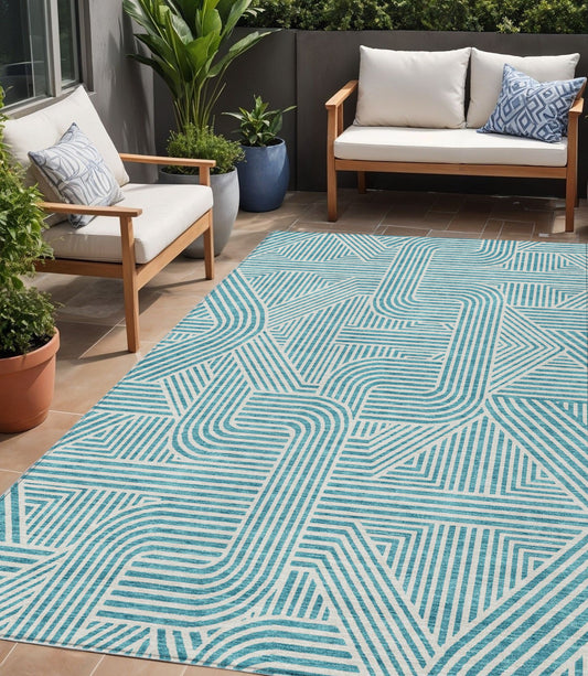 Tabselect Home Line 5' X 8' Teal Blue And Ivory Abstract Washable Indoor Outdoor Area Rug