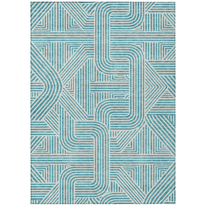 Tabselect Home Line 5' X 8' Teal Blue And Ivory Abstract Washable Indoor Outdoor Area Rug