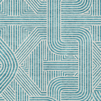 Tabselect Home Line 5' X 8' Teal Blue And Ivory Abstract Washable Indoor Outdoor Area Rug