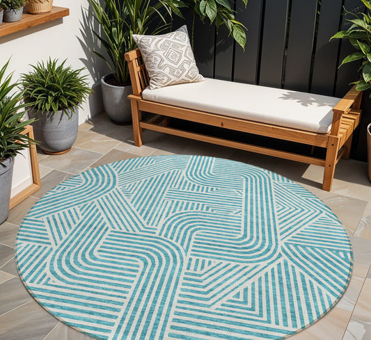 Tabselect Home Line 8' Teal Blue And Ivory Round Abstract Washable Indoor Outdoor Area Rug