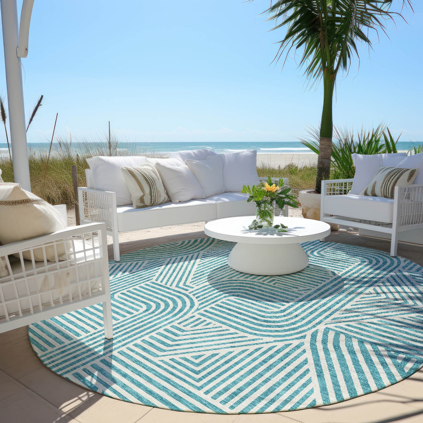 Tabselect Home Line 8' Teal Blue And Ivory Round Abstract Washable Indoor Outdoor Area Rug