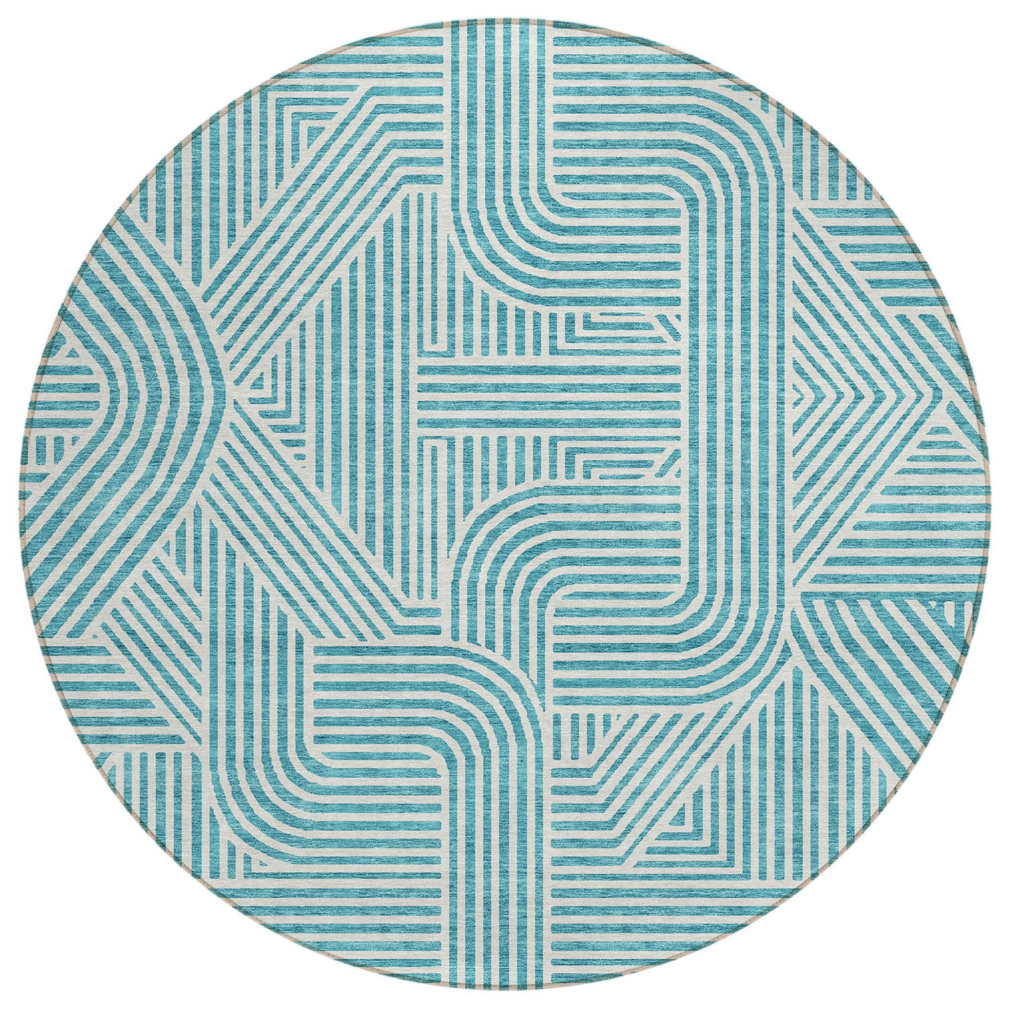 Tabselect Home Line 8' Teal Blue And Ivory Round Abstract Washable Indoor Outdoor Area Rug