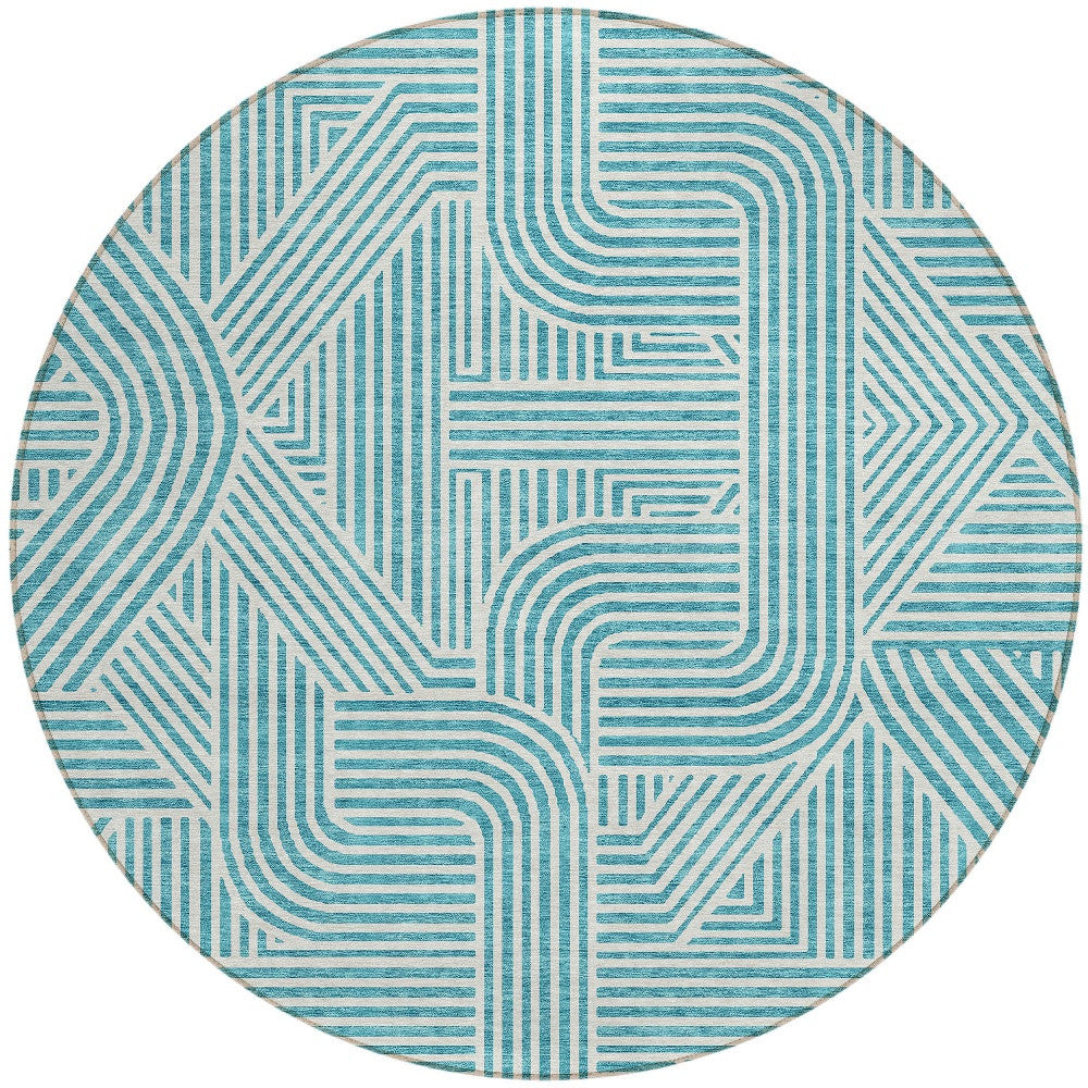 Tabselect Home Line 8' Teal Blue And Ivory Round Abstract Washable Indoor Outdoor Area Rug