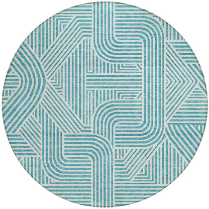 Tabselect Home Line 8' Teal Blue And Ivory Round Abstract Washable Indoor Outdoor Area Rug