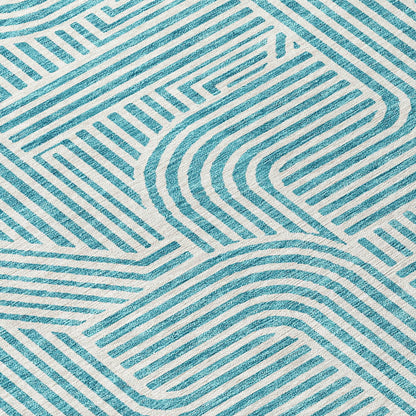 Tabselect Home Line 8' Teal Blue And Ivory Round Abstract Washable Indoor Outdoor Area Rug