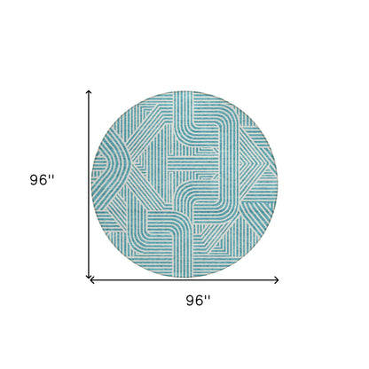 Tabselect Home Line 8' Teal Blue And Ivory Round Abstract Washable Indoor Outdoor Area Rug