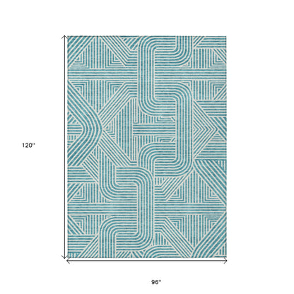 Tabselect Home Line 8' X 10' Teal Blue And Ivory Abstract Washable Indoor Outdoor Area Rug