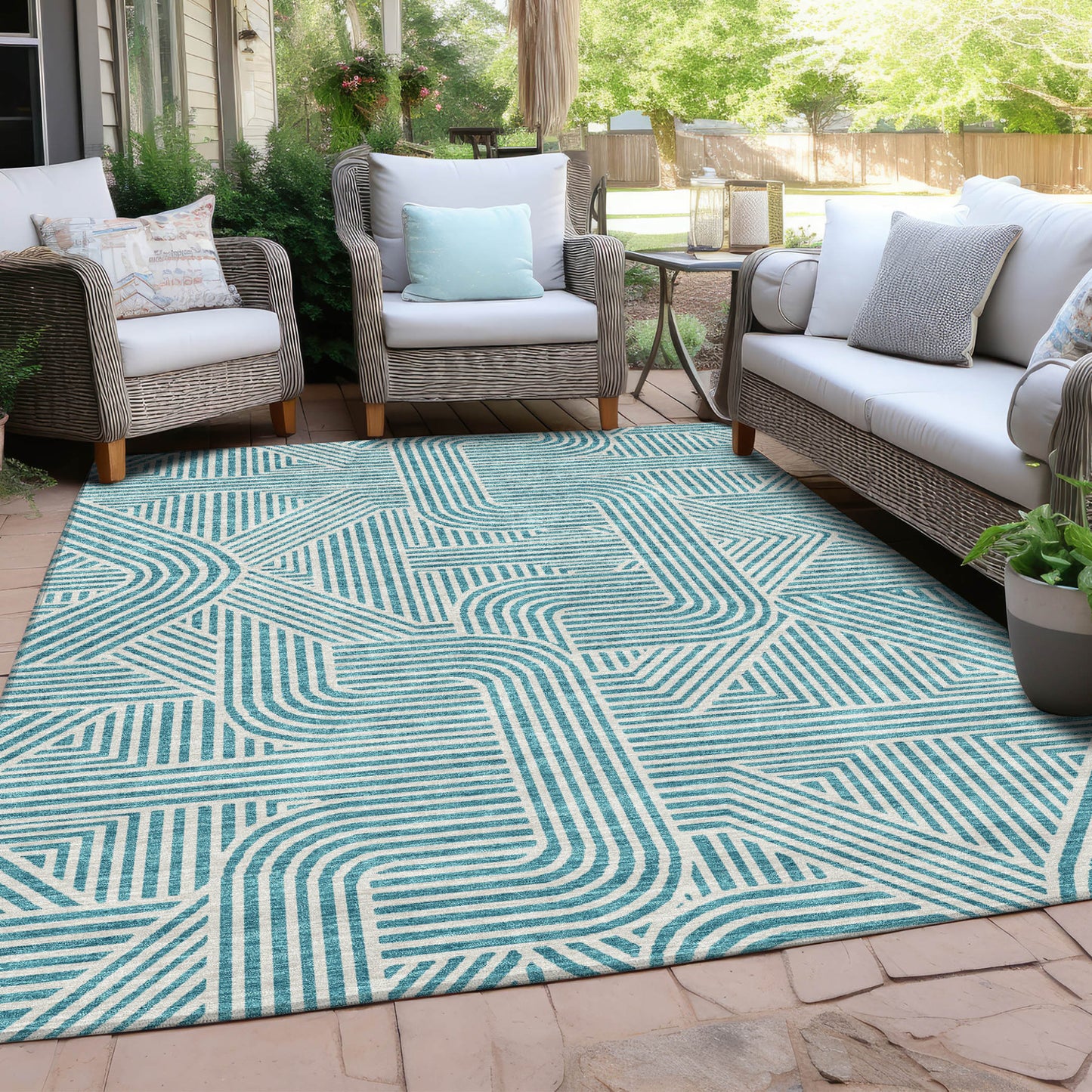 Tabselect Home Line 8' X 10' Teal Blue And Ivory Abstract Washable Indoor Outdoor Area Rug