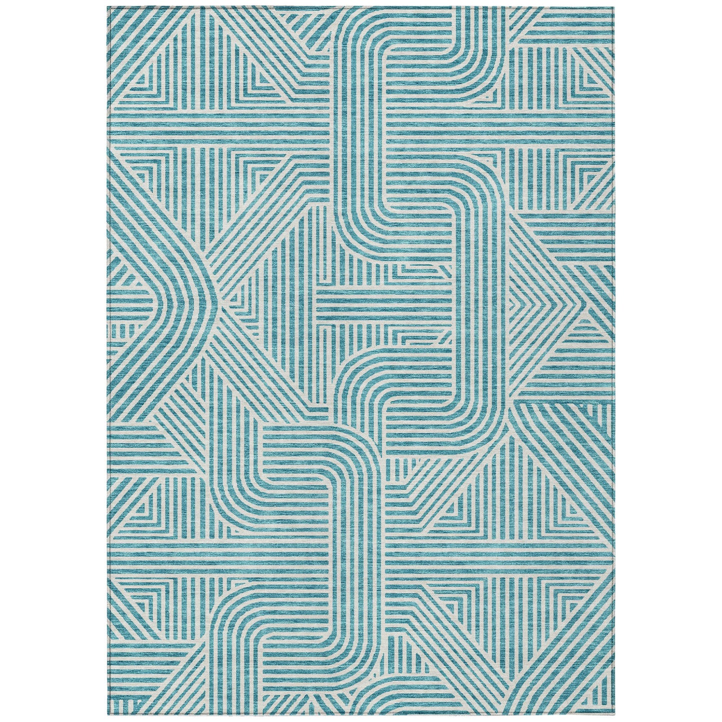Tabselect Home Line 8' X 10' Teal Blue And Ivory Abstract Washable Indoor Outdoor Area Rug