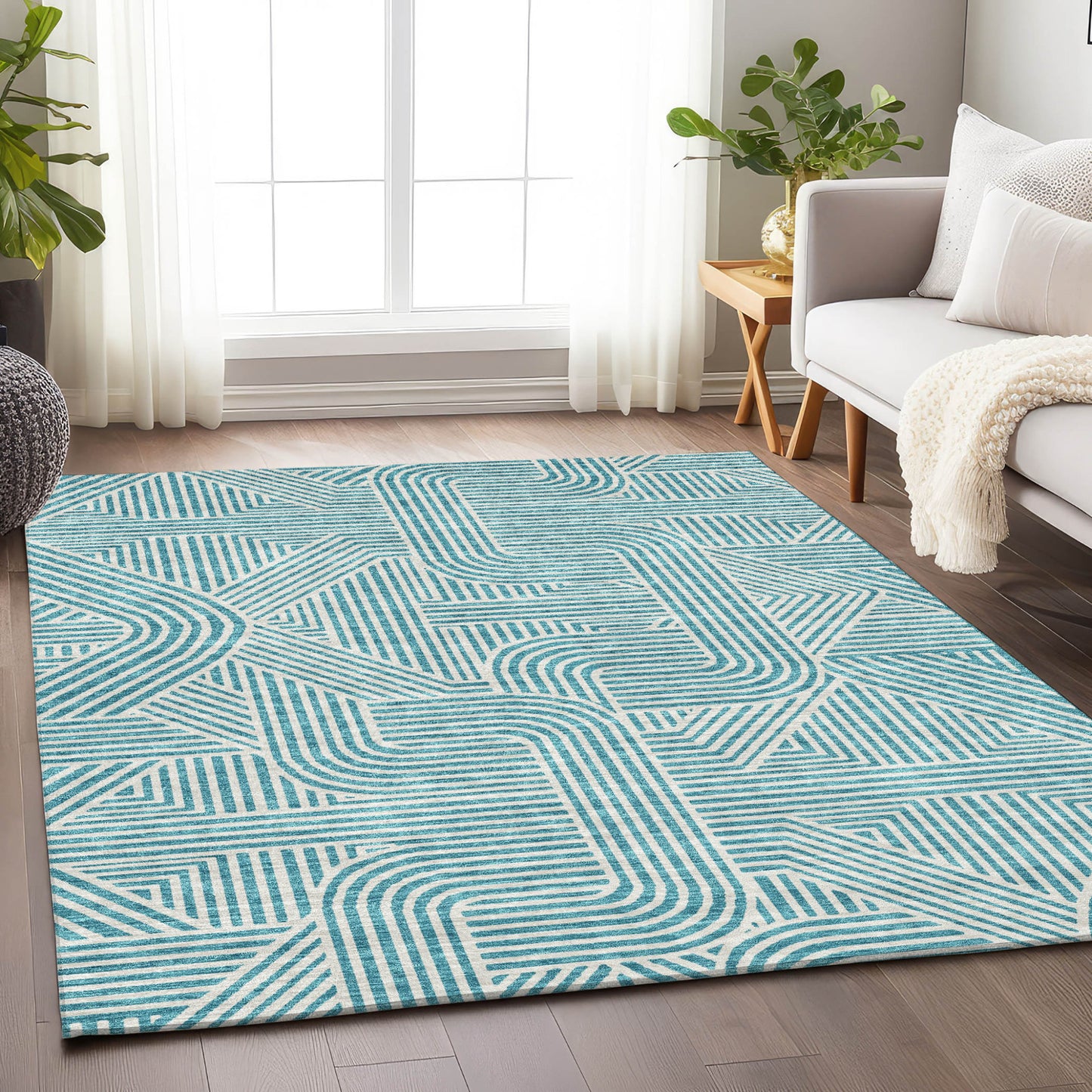 Tabselect Home Line 8' X 10' Teal Blue And Ivory Abstract Washable Indoor Outdoor Area Rug