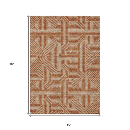 Tabselect Home Line 5' X 8' Terra Cotta And Brown Abstract Washable Indoor Outdoor Area Rug
