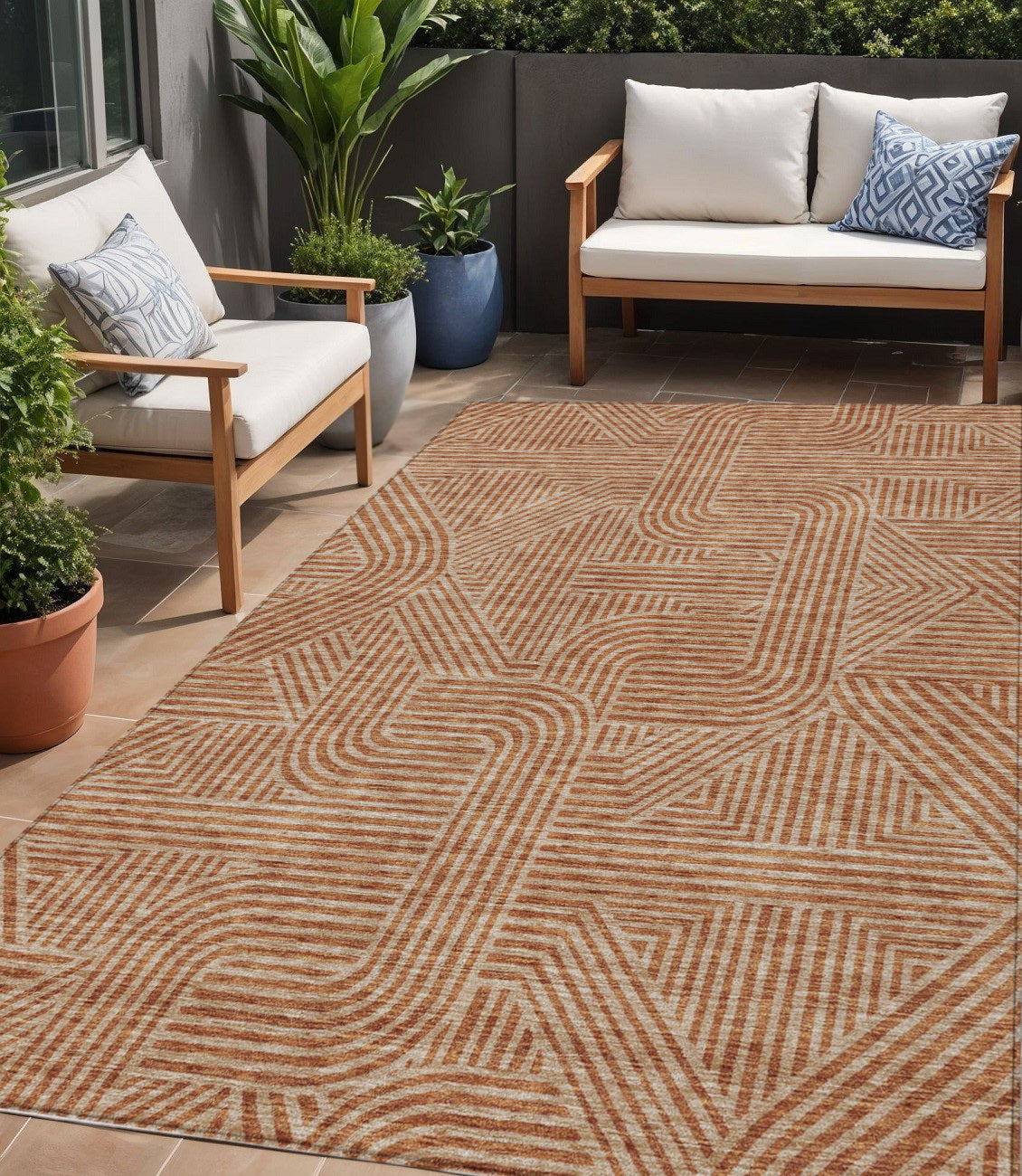 Tabselect Home Line 5' X 8' Terra Cotta And Brown Abstract Washable Indoor Outdoor Area Rug