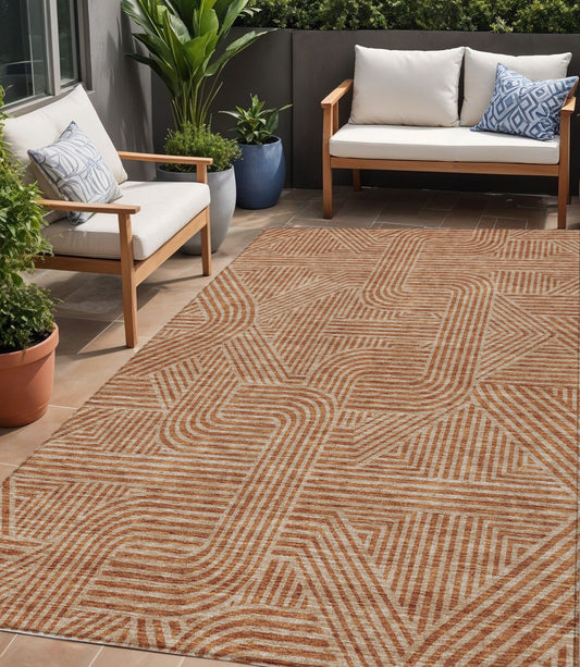 Tabselect Home Line 5' X 8' Terra Cotta And Brown Abstract Washable Indoor Outdoor Area Rug