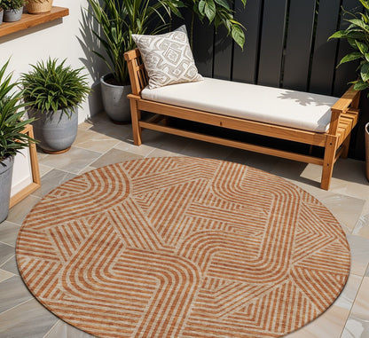 Tabselect Home Line 8' Terra Cotta And Brown Round Abstract Washable Indoor Outdoor Area Rug