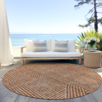 Tabselect Home Line 8' Terra Cotta And Brown Round Abstract Washable Indoor Outdoor Area Rug