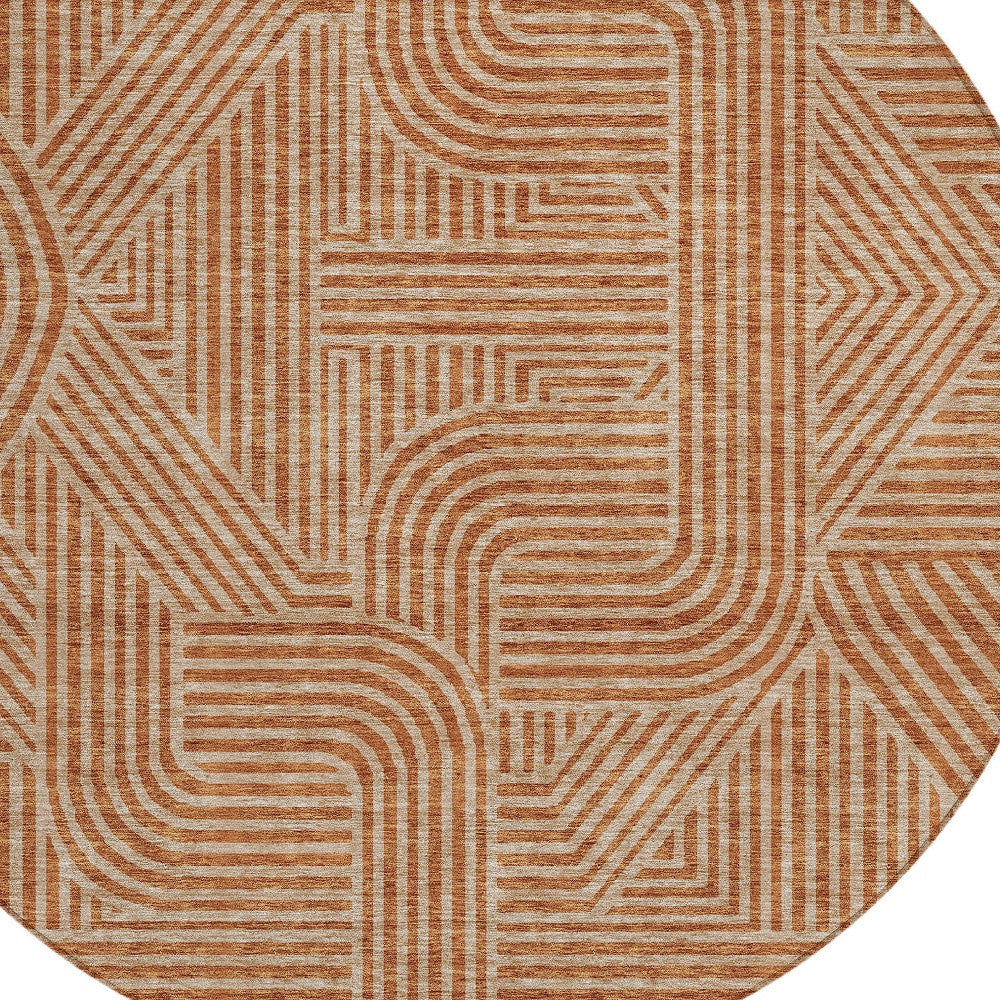Tabselect Home Line 8' Terra Cotta And Brown Round Abstract Washable Indoor Outdoor Area Rug