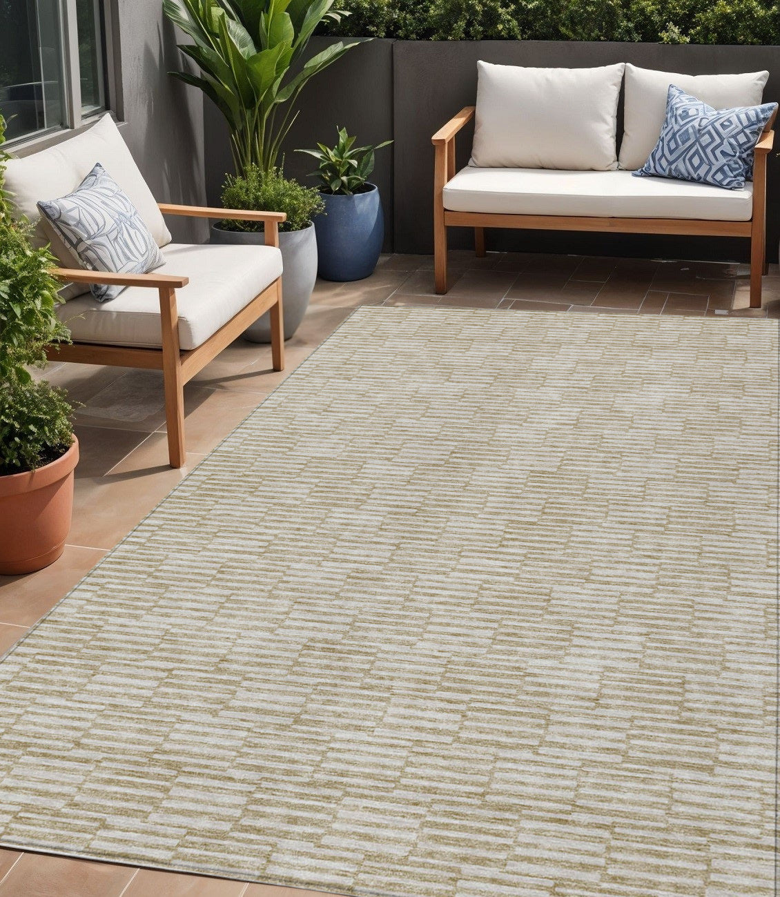 Tabselect Home Line 5' X 8' Beige And Ivory Geometric Washable Indoor Outdoor Area Rug