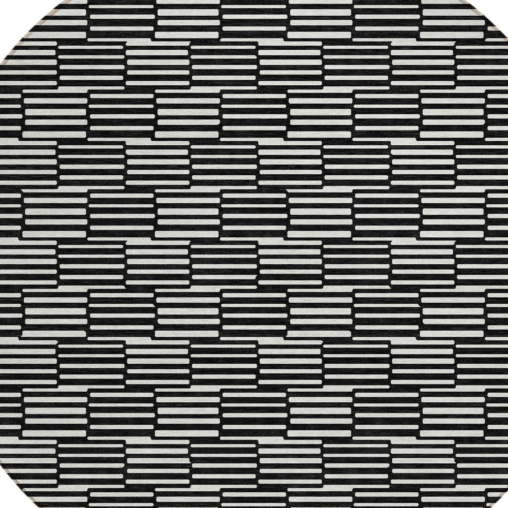 Tabselect Home Line 8' Black And Ivory Round Geometric Washable Indoor Outdoor Area Rug