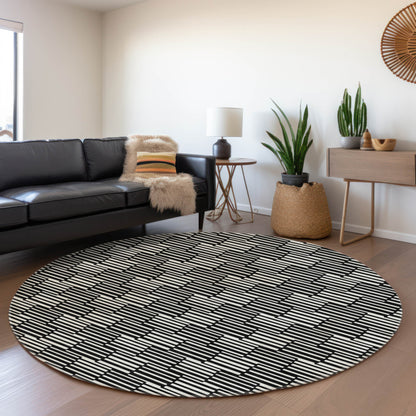 Tabselect Home Line 8' Black And Ivory Round Geometric Washable Indoor Outdoor Area Rug