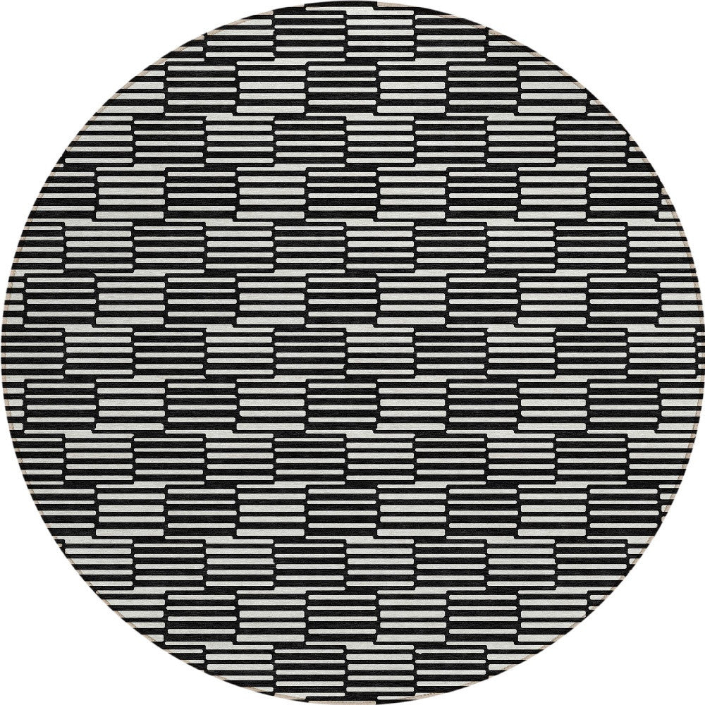 Tabselect Home Line 8' Black And Ivory Round Geometric Washable Indoor Outdoor Area Rug