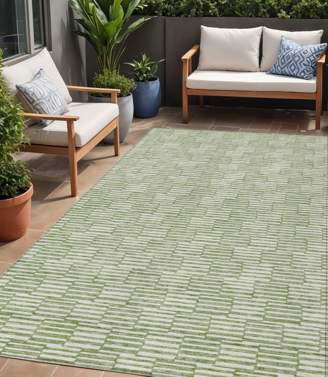 Tabselect Home Line 5' X 8' Green And Ivory Geometric Washable Indoor Outdoor Area Rug