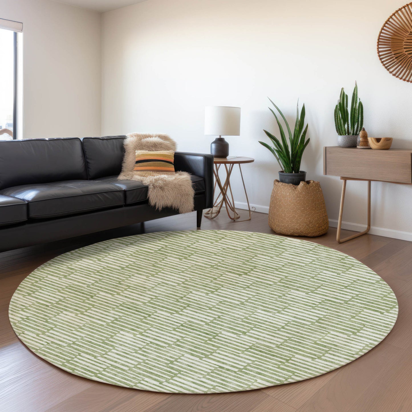 Tabselect Home Line 8' Green And Ivory Round Geometric Washable Indoor Outdoor Area Rug