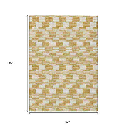 Tabselect Home Line 5' X 8' Gold And Beige Geometric Washable Indoor Outdoor Area Rug