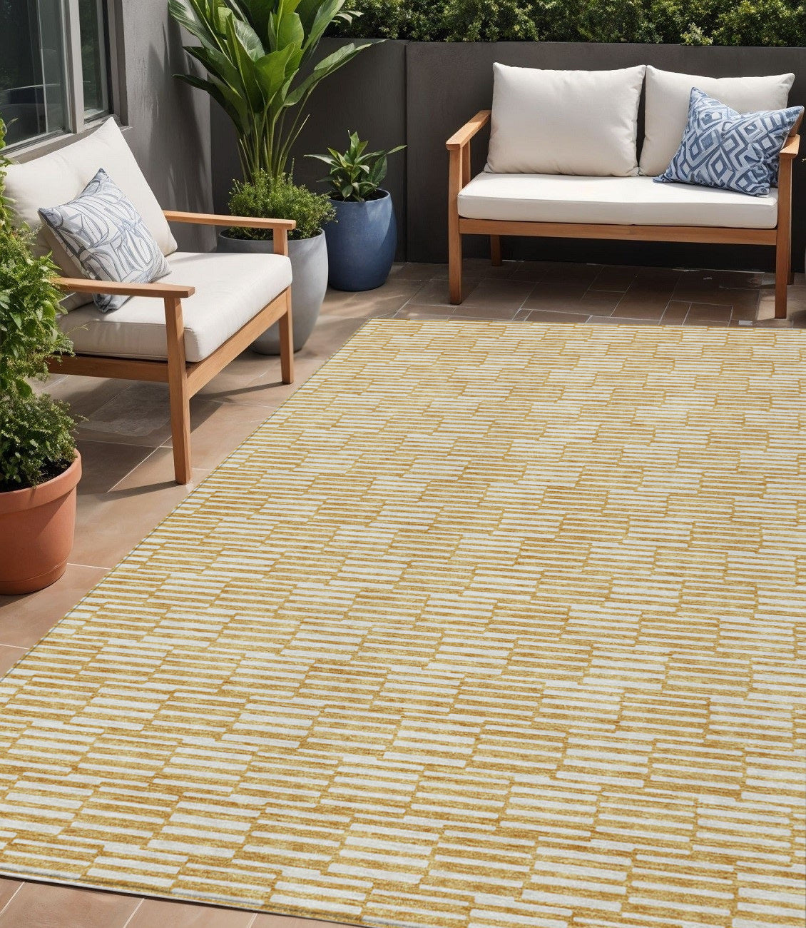 Tabselect Home Line 5' X 8' Gold And Beige Geometric Washable Indoor Outdoor Area Rug