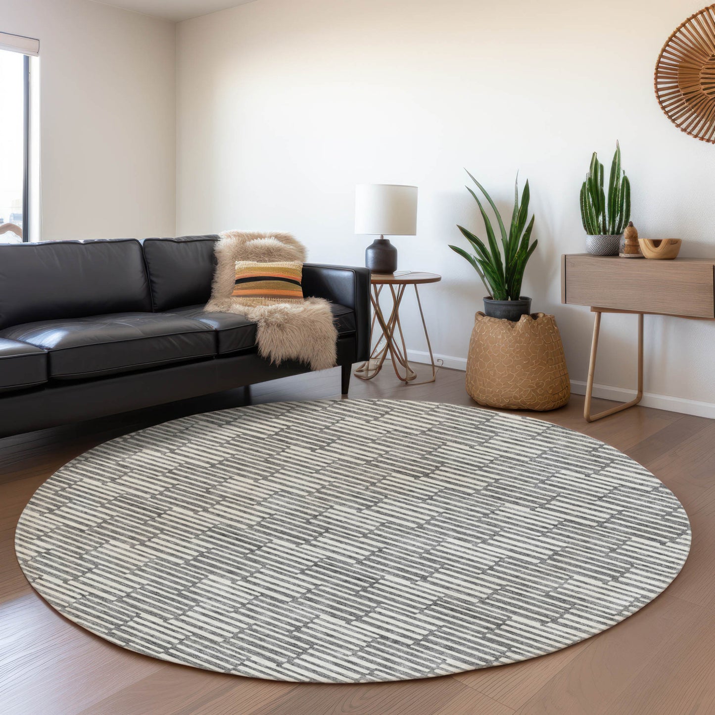 Tabselect Home Line 8' Gray And Ivory Round Geometric Washable Indoor Outdoor Area Rug