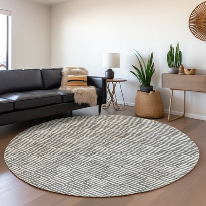 Tabselect Home Line 8' Gray And Ivory Round Geometric Washable Indoor Outdoor Area Rug