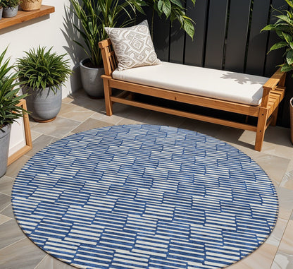 Tabselect Home Line 8' Navy Blue And Ivory Round Geometric Washable Indoor Outdoor Area Rug