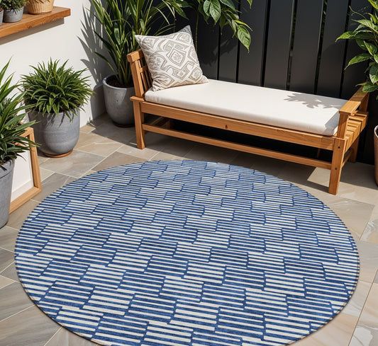 Tabselect Home Line 8' Navy Blue And Ivory Round Geometric Washable Indoor Outdoor Area Rug