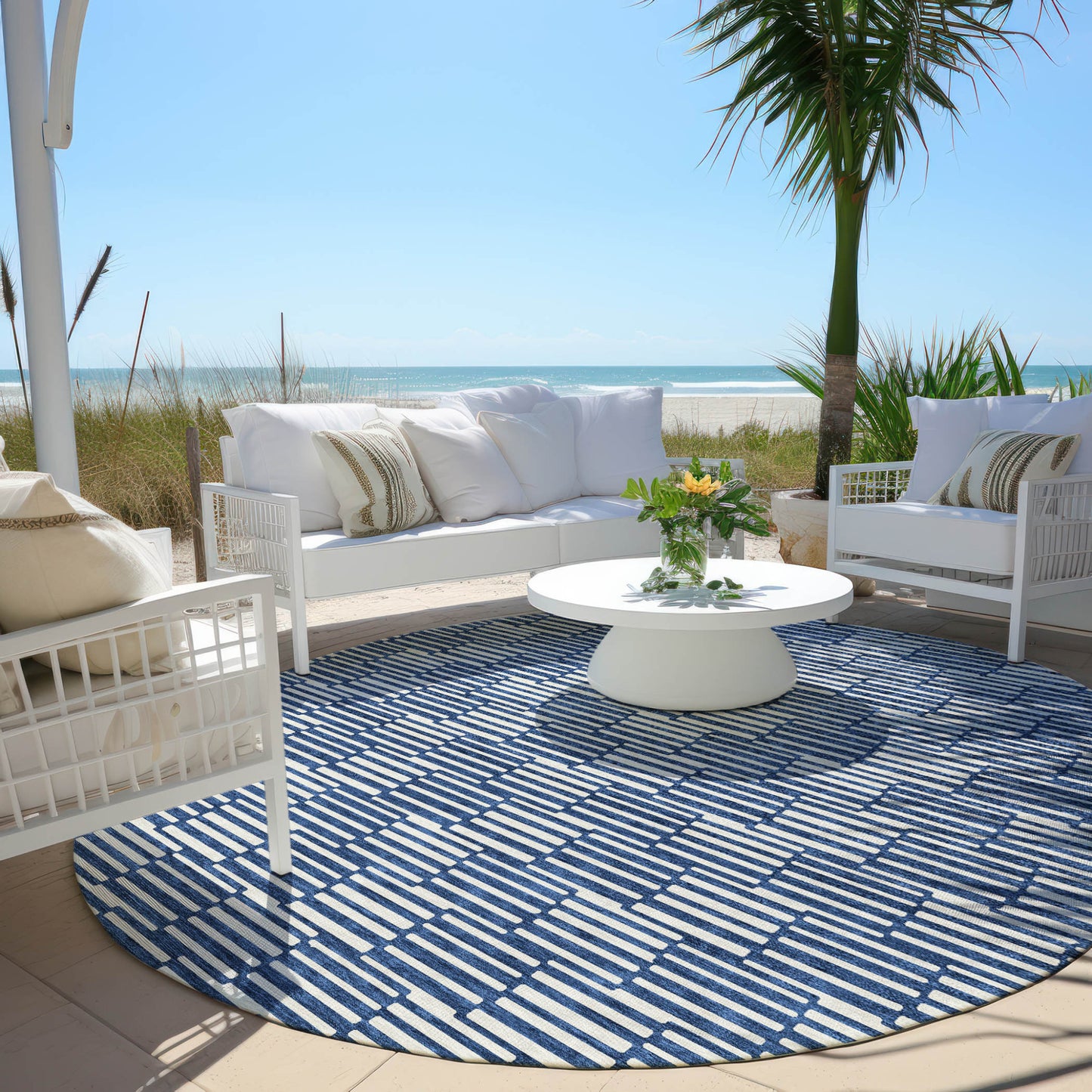 Tabselect Home Line 8' Navy Blue And Ivory Round Geometric Washable Indoor Outdoor Area Rug
