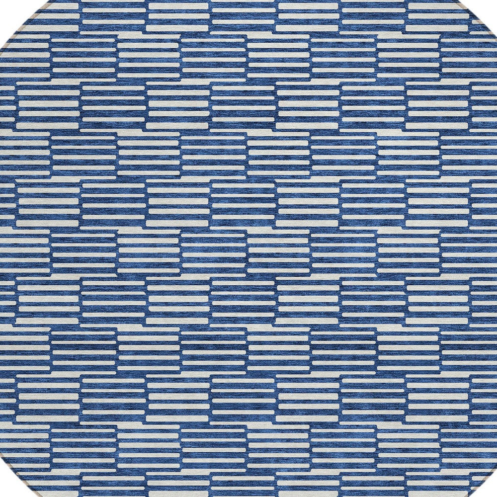 Tabselect Home Line 8' Navy Blue And Ivory Round Geometric Washable Indoor Outdoor Area Rug