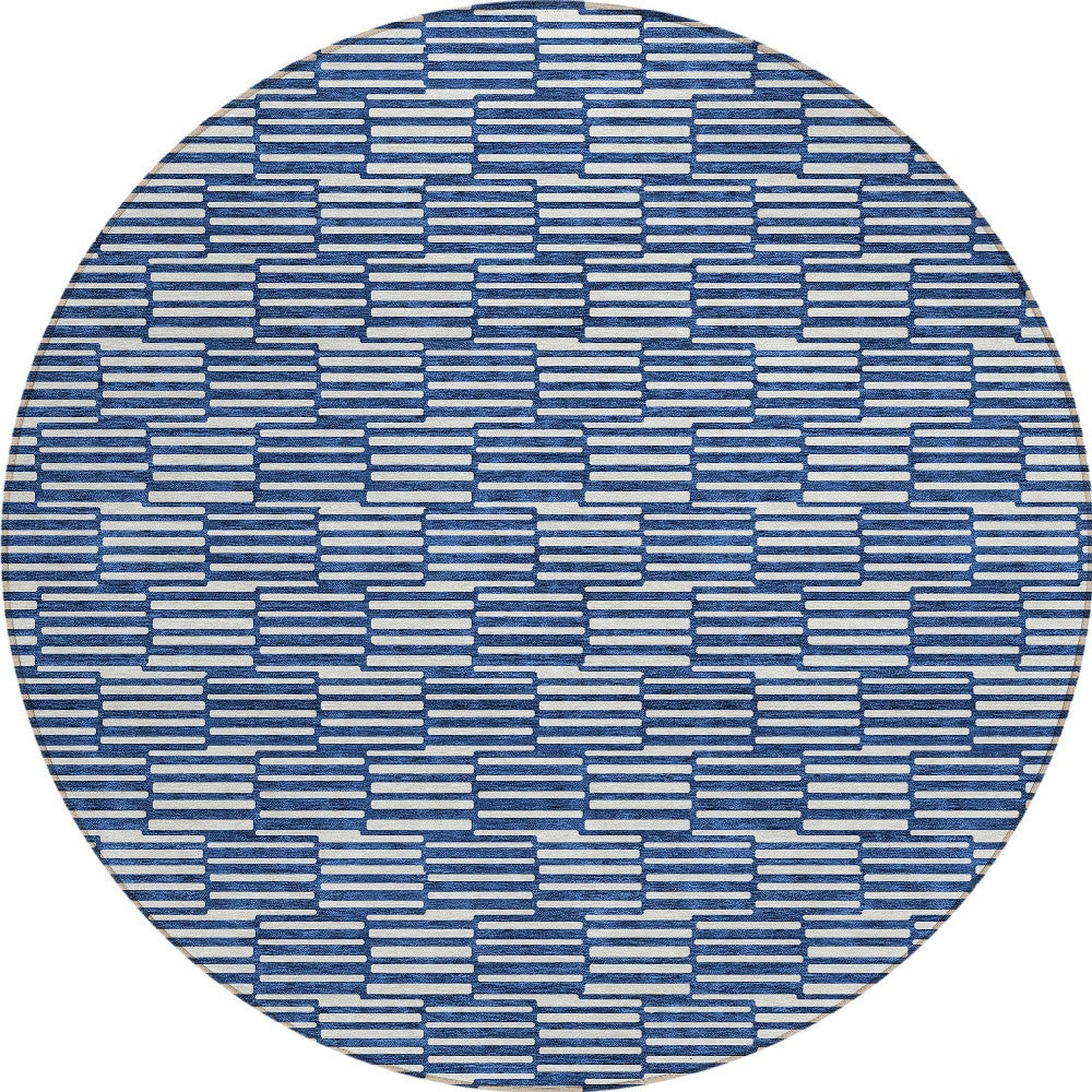 Tabselect Home Line 8' Navy Blue And Ivory Round Geometric Washable Indoor Outdoor Area Rug