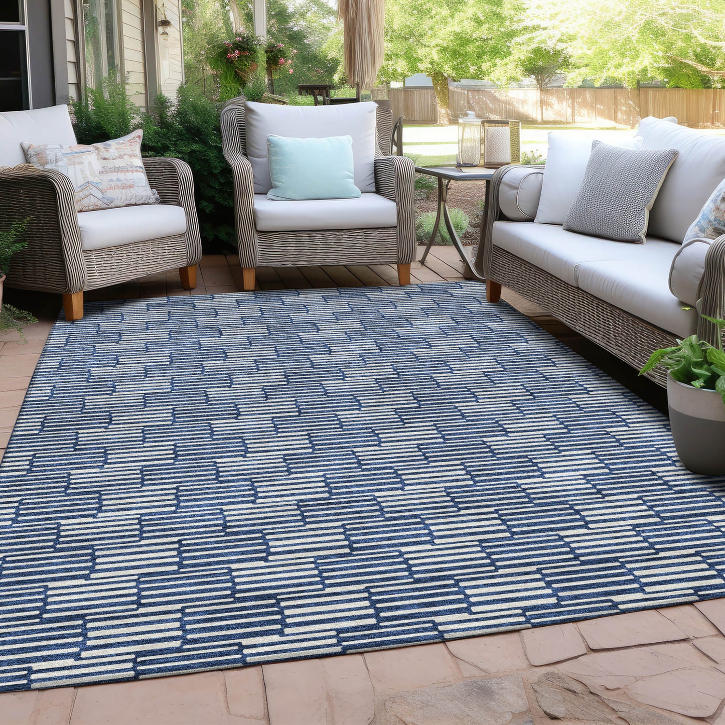 Tabselect Home Line 8' X 10' Navy Blue And Ivory Geometric Washable Indoor Outdoor Area Rug