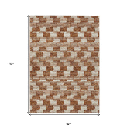 Tabselect Home Line 5' X 8' Copper And Beige Geometric Washable Indoor Outdoor Area Rug