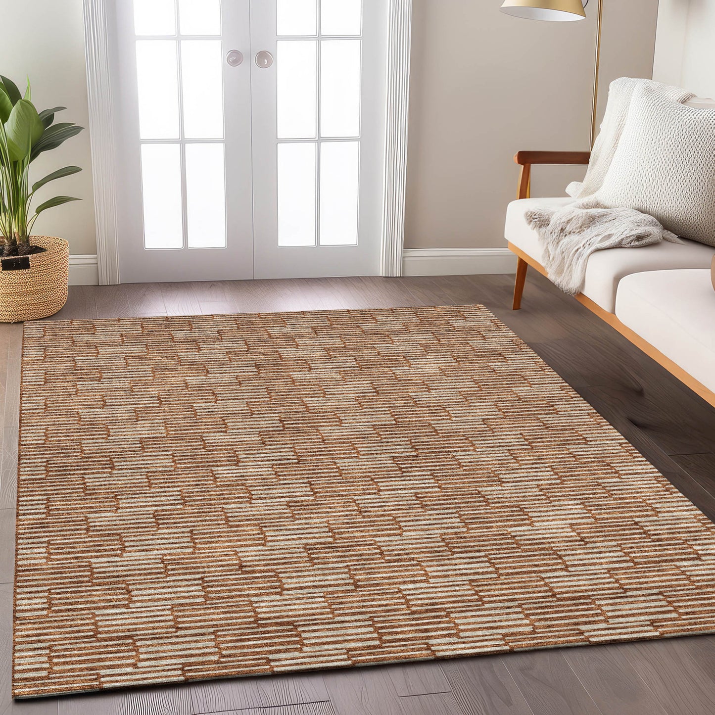 Tabselect Home Line 5' X 8' Copper And Beige Geometric Washable Indoor Outdoor Area Rug