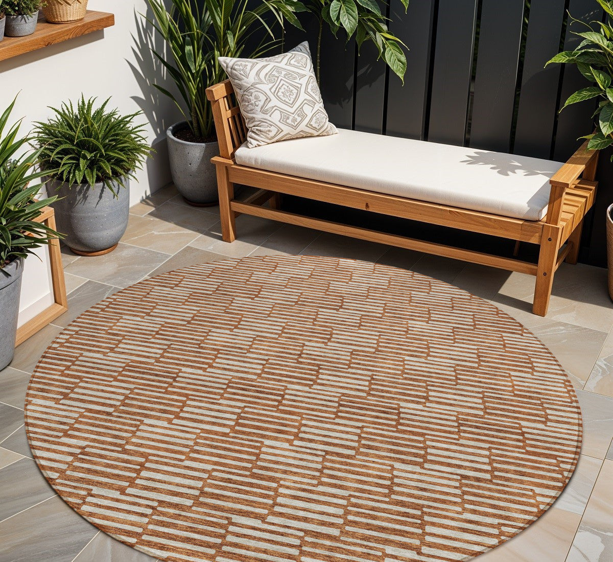 Tabselect Home Line 8' Copper And Beige Round Geometric Washable Indoor Outdoor Area Rug